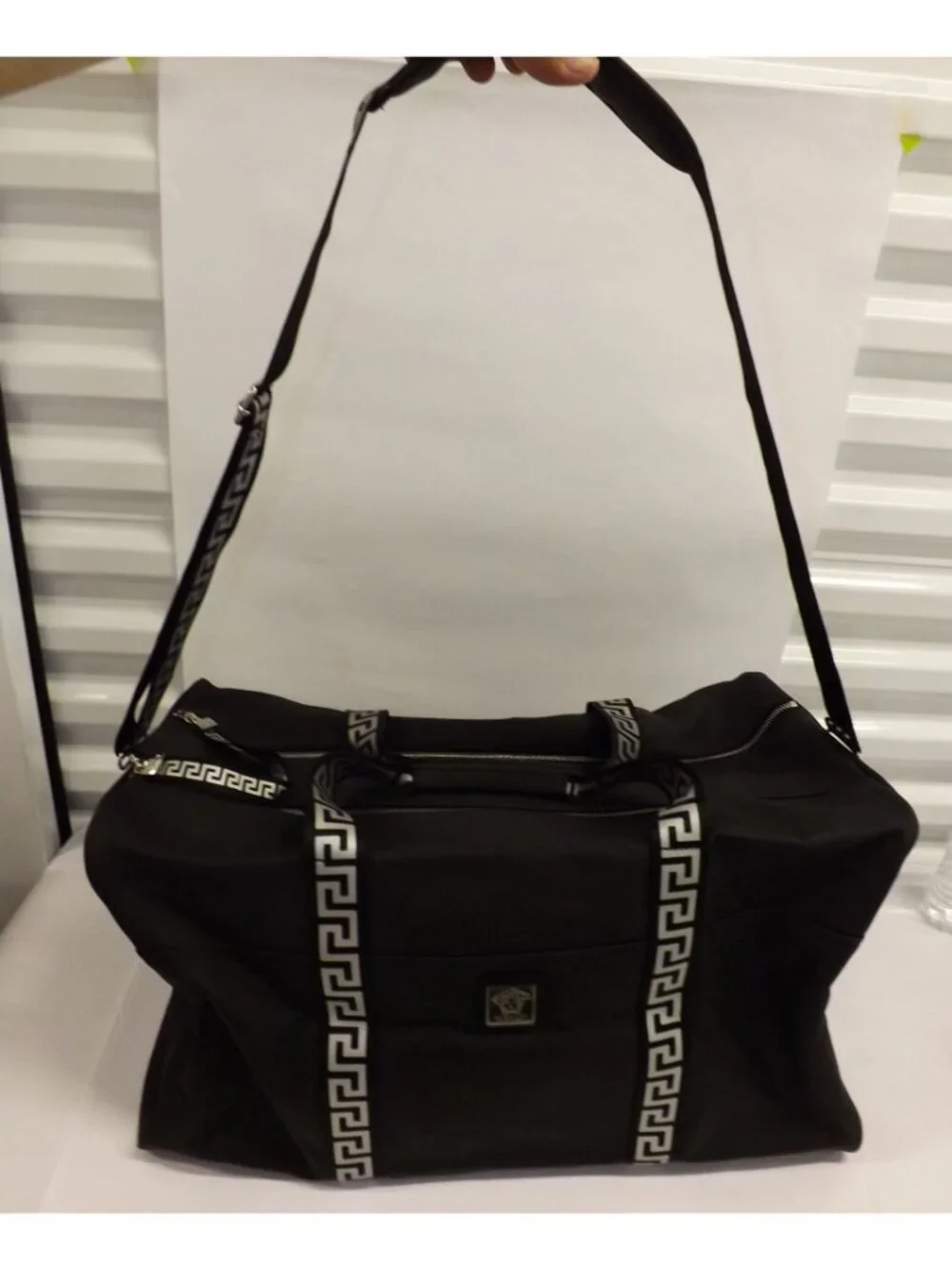 VERSACE black Overnight Duffle Bag With Strap Greek Key Pattern Weekender Bag